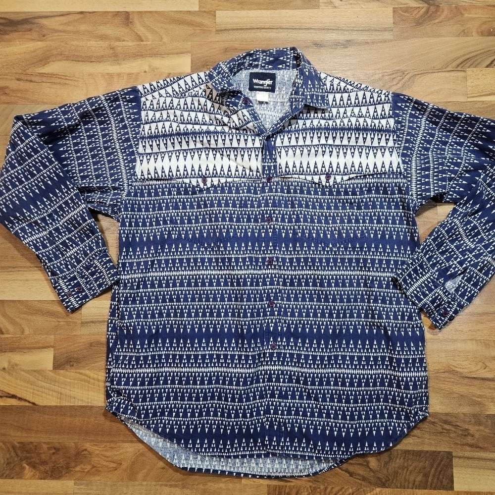 Wrangler XL Western Aztec Print Shirt Blue Geometric Button Front